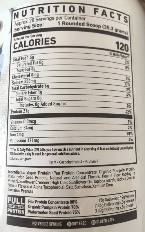 Picture of the nutrition label for Ghost Vegan Protein Powder